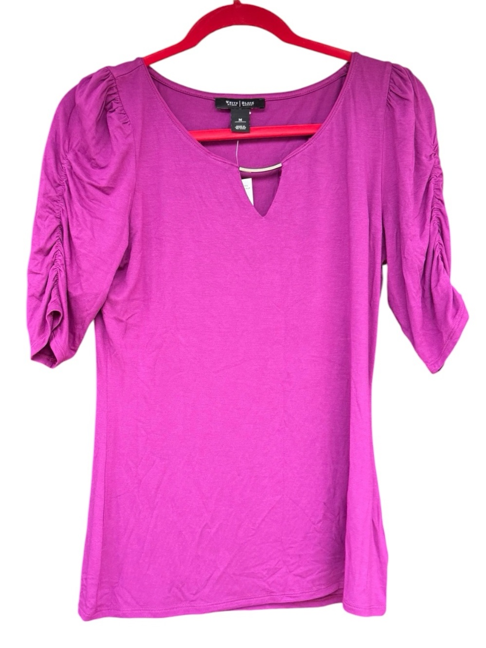 White House Black Market Magenta Ruched Elbow Sleeve V-Keyhole Top